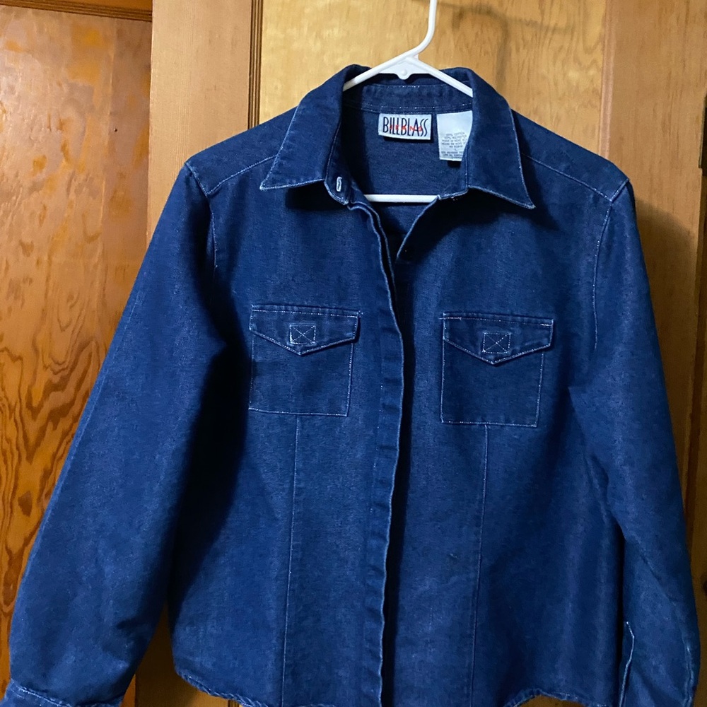 Vintage Bill Blass Denim Jacket Shirt Blue Button Front Chest Pockets Classic